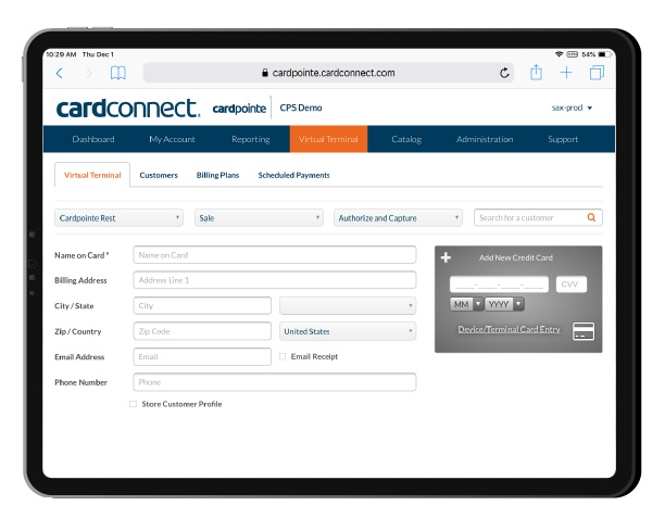 CardPointe CardConnect merchant portal on iPad — login and transaction management dashboard