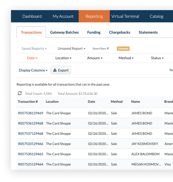 CardPointe transaction management — merchant portal showing transaction list after CardConnect login