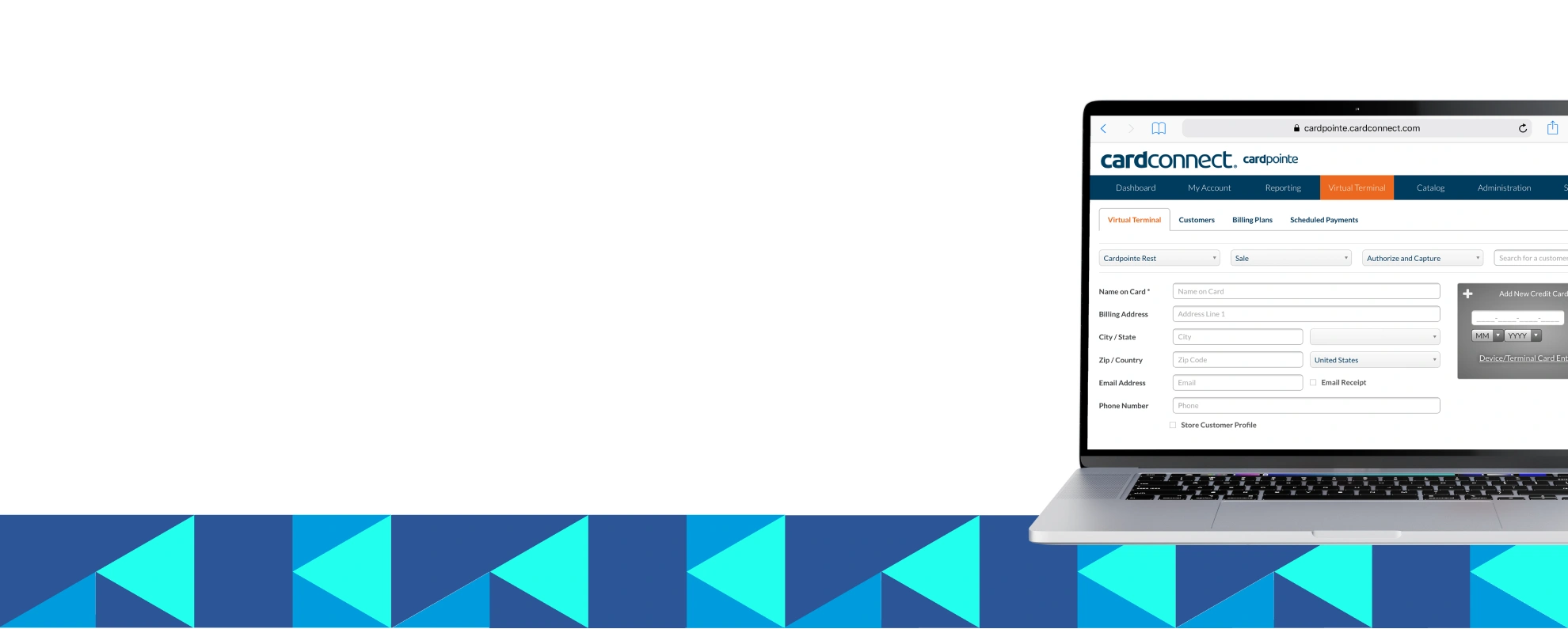 CardPointe virtual terminal on laptop — CardConnect merchant login portal for transaction management